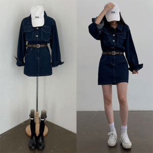 [Can choose size / New Autumn product / Blue dress / With belt] Same-day delivery Hibi Stitch Denim Mini Dress