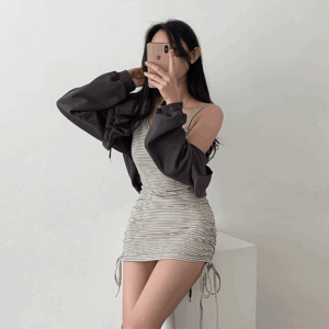 Rigel loose fit cropped hooded cardigan + Dangara shirring sleeveless mini one piece set (2color) [two-piece/spring dress/seasonal/flower/summer new arrivals/newcomer]