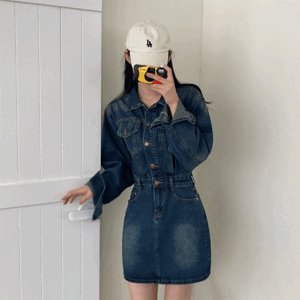 Cashew Loose Fit Pintuck Denim Mini One Piece [Spring Dress/Petition Dress/Couple/Cherry Blossom/Long Boots Look]
