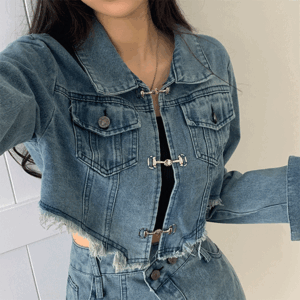 Pojec Loose Fit Cropped Hook Denim Jacket + Unbuttoned Button Mini Skirt Set [Two-piece/Blue/Blue Fashion/Jean Jacket/Blue Skirt/Spring Jacket/Spring New Item]