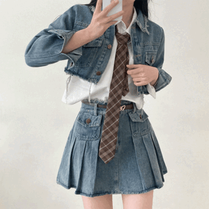 Same-day delivery Leco loose fit cropped denim jacket + belt pleats mini skirt set [two-piece / jean fashion / jean jacket / jean skirt / spring jacket / vintage / y2k]