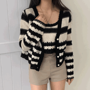 Same-day shipping Wusha Loose fit Dangara Net Knit Cardigan + Cropped sleeveless set (2 colors) [Two-piece set / Interseason / Bolero / Spring / Rookie / Travel Look]