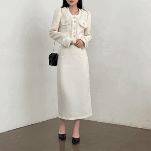 Same-day delivery Taerang Loose fit Cropped tweed jacket + Long skirt set (2 colors) [Guests&#039; look / Office look / Spring jacket / New spring product / Cherry blossom / Feminine]