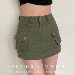 Same-day delivery Leather cargo button pocket mini skirt (2 colors) [New summer/Vintage/Elastic/Hair/Festival/Vacation look/Long boot look]