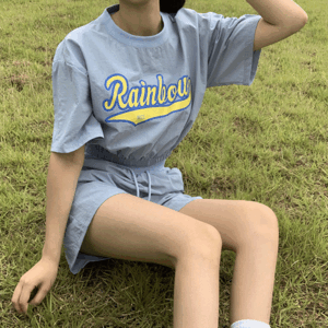 Newret Loose Fit Lettering Banding Cropped T-Shirt + Banding Shorts Set (4 colors) [Cody Set / Baskets / Summer New / Picnic / Drying Show / Festival / Vacation]