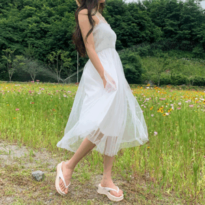 Lean lace chiffon sleeveless long dress (2 colors) [Goddess dress / Ballerina look / Festival / Vacation / Summer dress]