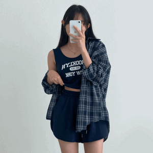 Kibble Loose Fit Checkered Shirt + Lettering Cropped Sleeveless + Banding Shorts Set (2 colors) [New Summer / Coordinated Set / Festival / Delicate Show / Jangma / Beach Shorts]