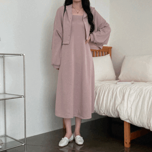 Rosy Loose Fit Pleats String Sleeveless Long Dress + Hooded Long-Sleeved Cardigan Set (3 colors) [Two-Piece Set / New Fall / Fall Dress / Seasonal Dress / Big Size Dress]