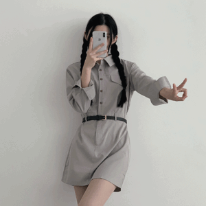 MOMB Loose Fit Pintuck Belt Shirt Mini Dress (3 colors) [Guest Look / Long Bootcut Coordination / Opening Look / Autumn Dress]
