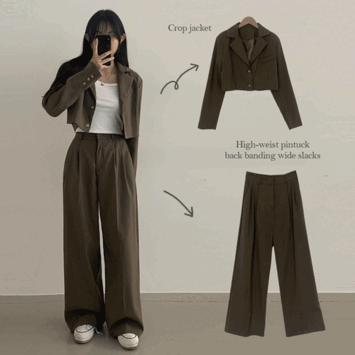 Jano Loose Fit Cropped Jacket + High Waist Pintuck Back Banding Wide Slacks Set (3 colors) [New Autumn / Guest Look / Set Up / Office Look]