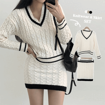 Rume Loose Fit V-Neck Twisted Knitwear + Mini Skirt (3 colors) [Knit / Two Piece / Guest Look]