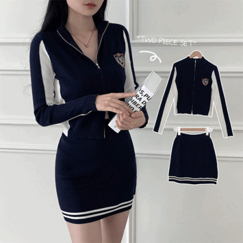 Atu Basic Fit Two-Way Color Knitwear Zip-Up + Banding Mini Skirt Set [Preppy/Two Piece/Setup/High Teen/y2k]