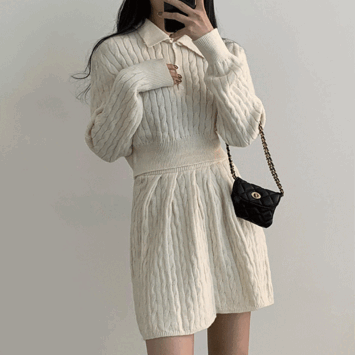 Jeka Cropped Twisted Doughnut Patterned Collar Knitwear + Pleated Midi Skirt Set (3 colors) [New Winter / Knitwear Set-up / Two Piece / Short Girl]