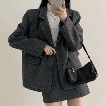 Fine Loose Fit Two-Burton Wool Jacket + Bendable Mini Skirt Set (2 colors) [New Winter / Two Piece / Set-Up / Office Look / Short Girl / Tall Girl]