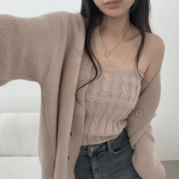 Remy Oversized Fit Thick V-Neck Knit Cardigan + Twisted Tube Top Knitwear Set (2 colors) [Interseasonal/Two Piece/Date Look]