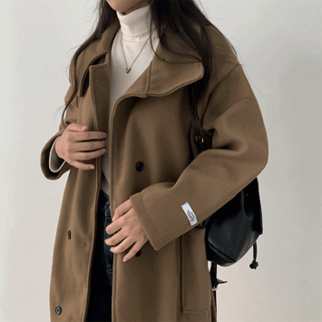 Hecy Oversized-fit Double Button Woolen Long Coat [Jumper/Winter Outer/Padding/Short Girl/Half Coat/Winter Coat]