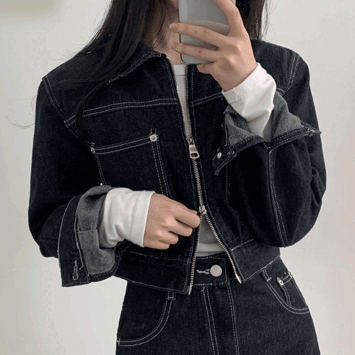 Kito Stitch Black Blue Two-Way Denim Jacket Skirt Set [In-between Season Coordination / Year-end Look / Opening Look / Guest Look / Short Girl]