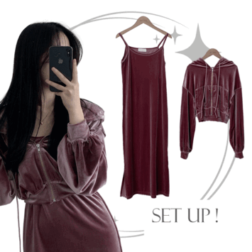 Powder Velvet Cropped Hooded Zip-Up + Slit Spaghetti Strap Tank Dress Set (2 Colors) [Two Piece/Cotton-Cu/Dress Set]