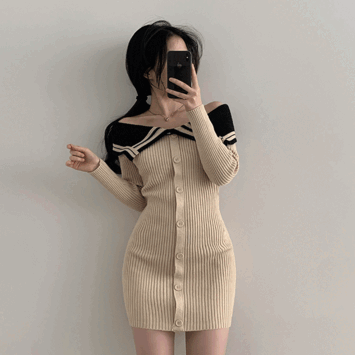 Bore Big collar button V-neck knit dress (2 colors) [Knit dress/Winter dress/Winter guest look/Year-end party look]