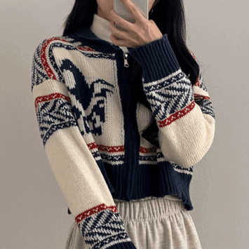 mecho Nordic knitwear zip-up cropped cardigan [winter jacket / winter knitwear / zip-up knitwear / cropped zip-up / Christmas / year-end look]