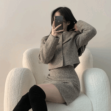 Labu Mohair Tweed Cropped Jacket + Miniskirt Set (3 colors) [Old Money / Suit Set / Guest Look / Winter Tweed / Two Piece / Christmas / Year-end Look]
