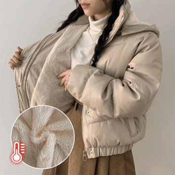 [Lining wool/Hood attachment] Lit leather wool hooded padded jumper (3 colors) [Winter outer / short padded / soft / glossy padded / hood]