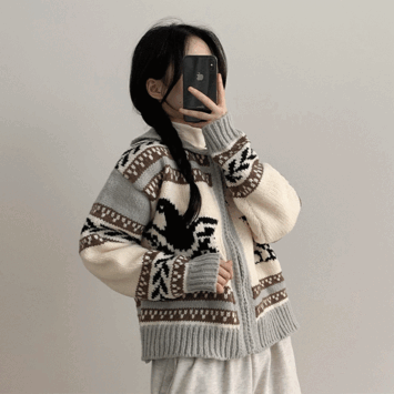 SUNI Oversized Fit Nordic Knit Zip-Up [Christmas/Year-end Look/Vintage/Winter Cardigan/Sweeter]