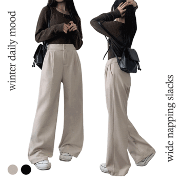 Chunny High Waist Back Banded Wide Wool napping Slacks (2 colors) [New winter/napping pants/casual/formal/winter slacks]