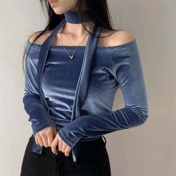 [Late look/Party look] Plenet Velvet muffler + Off-Shoulder cropped long-sleeved T-shirt set (4 colors) [Winter two-piece / sexy look / muffler set / scarf]