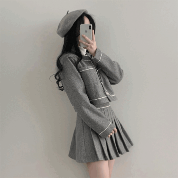 Midam Round Neck Cropped Jacket + Pleated Mini Skirt Two-piece set (3 colors) [Guest look / Winter skirt / Year-end party look / Tweed / Year-end look]