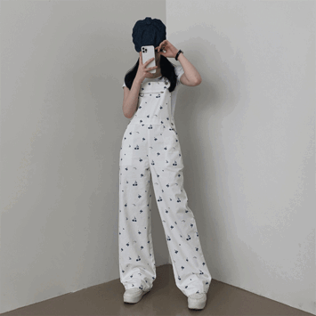 [Size selection S-L/Lovely/Jump suit] Trendy Flower-printed Semi-Wide Overall Suspenders Jumpsuit