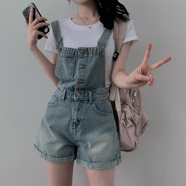 [1 Minute styling!/Summer denim/y2k/Vacation look] Alo Rollup Washing Denim Overall Shorts (2 colors)
