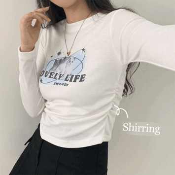 Love u Slim Fit Printed Cat Shirring Cropped Long-Sleeved T-shirt [Autumn Clothing/y2k/Kitchen Look/Top/Laid]