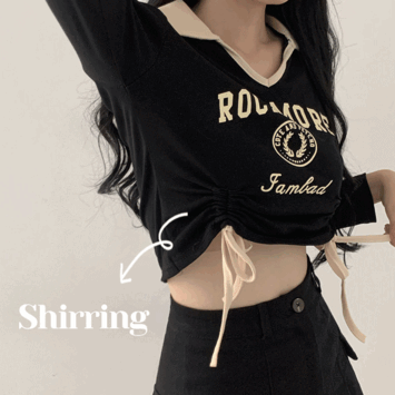 [1+1 Discount] Seal Loose Fit Collar Coloring Lettering Cropped Shirring Long Sleeve Tee (2 Colors) [Slim Long-Sleeved T-Shirt / Cropped T-Shirt / Collar T-Shirt / Laid]