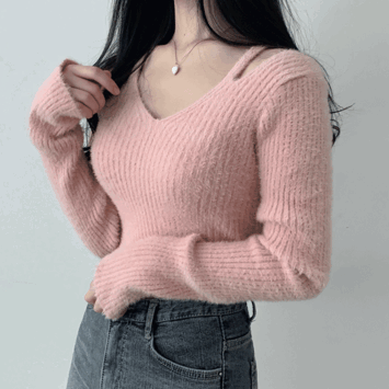 Deese Angora Off-Shoulder Shoulder Slit Knitwear (4 colors) [Short girl / New Winter / Angora Knitwear / Year-end Look]