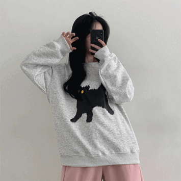 Decoration Oversized Fit Cat Printed Fleece Sweatshirt [Short girl / Avant fit / Big size / Fleece-lined]