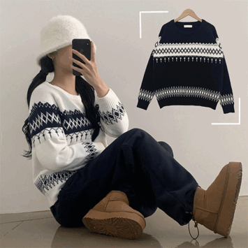 Momo Loose Fit Round Nordic Snowflake Knitwear (3 colors) [Sweater / Winter Knitwear / Round Knitwear / Short Girl / Year-end Knitwear / Year-end look]