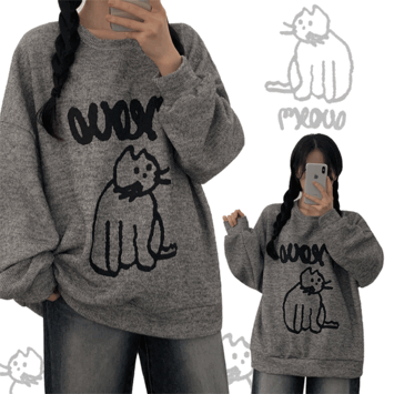 [1+1 discount] Bo Mi&#039;s overfit cat-printed knit sweatshirt (3 colors) [Winter sweatshirt / Short girl / Overfit / Cuckoo-an-kku]