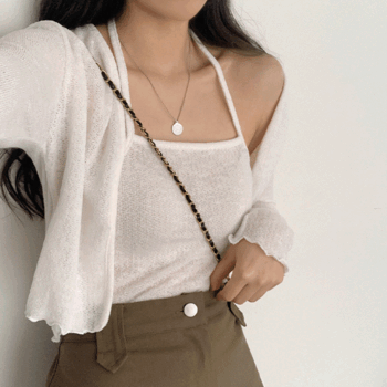 Watt basic fit wave crop cardigan + halterneck top sleeveless set (3color) [new spring/two-piece/spring coordination/summer new/overseas/vacation/challang]