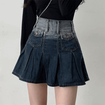Bar heel two-tone pocket denim pleated mini skirt [blue/blue/summer new/spring coordination/vintage/y2k]
