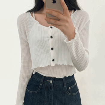 Viewa Cropped Ribbed Cardigan + Strap Sleeveless Set (4 colors) [Two Piece / Spring Cardigan / Interseason / School Look / Vacation / Flower]