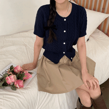 Purple loose fit cable short-sleeved knit cardigan (4 colors) [Spring cardigan/interseason/overseas/vacation/pink/cherry blossom]