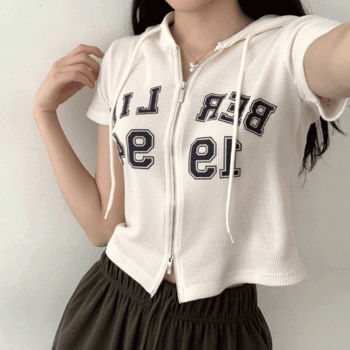 Marrell Basic Fit Lettering Two Way Cropped Short-Sleeved Hoodie Zip-Up (5 colors) [Summer / New Vintage / Y2K / Campus Look / Stretchy]