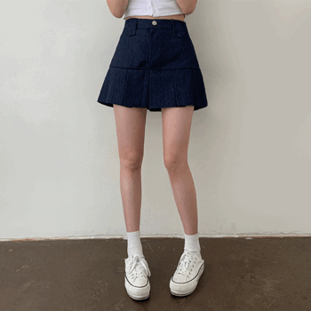 opun back banding pleats mini skirt (2 colors) [black blue / summer new / jean fashion / vacation look / campus look / jeans / festival]