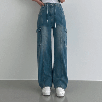 Hugo High-waist Washing String Cargo Wide Jeans [Light Blue Wide/Denim/Summer Jeans/Vacation Look/Vacation/Summer New]