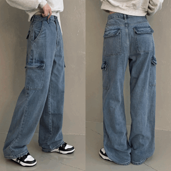 Ora High-Waist Cargo Wide Jeans (2 colors) [Autumn Jeans / Dark Blue Wide]