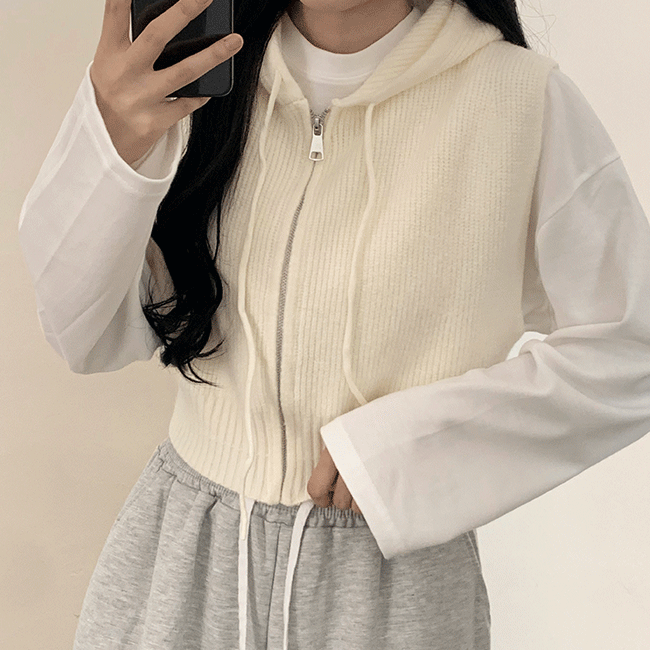 Leaf loose fit hooded cropped knitwear zip-up vest (4 colors) [New fall / Cute / Layered]