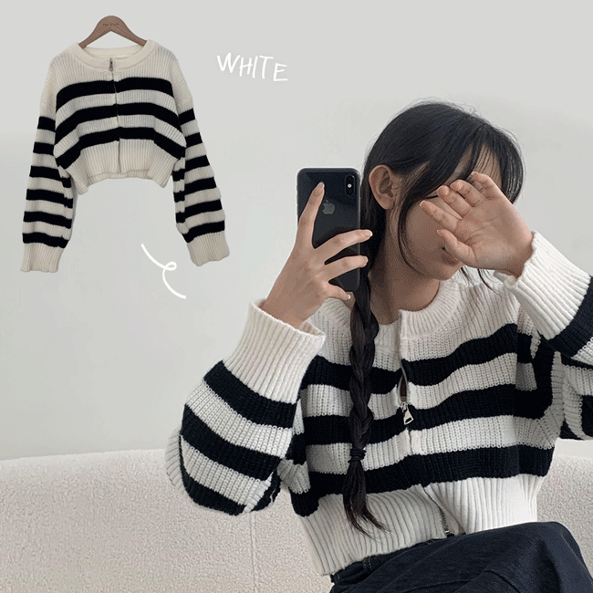 [1+1 Discount] Solha Loose Fit Cropped Danjara Hachi Knit Zip-up (4 colors) [New Autumn / Autumn Coordination / Daily Look / Streep]