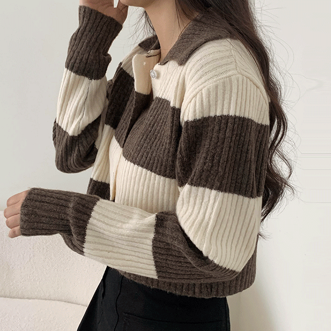 Danka Loose fit Collar Semi-Crop Danjara Ribbed Knit Cardigan (4 colors) [Autumn Cardigan / Ribbed / Jacket / Winter Cardigan / Outer / Striped]