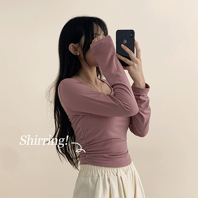 [1+1 Discount] Ennew Square Neck Shirring Long Sleeve Tee (4 Colors) [New Fall/Inbetween Seasons/Daily Look/Unique/Laid]
